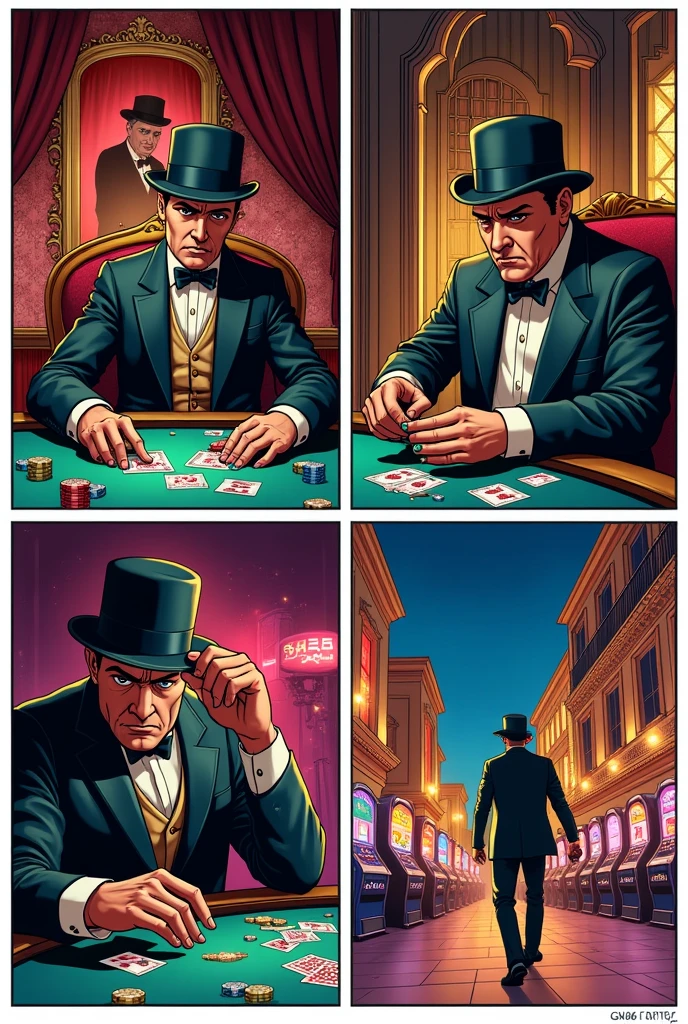 4 images about 4-Panel Comic Strip Image 1: a man playing casino with a lot of money 
Image 2: the same gentleman but now he is sad Image 3: the same man but he no longer has money Image 4:the same gentleman leaving the casino 