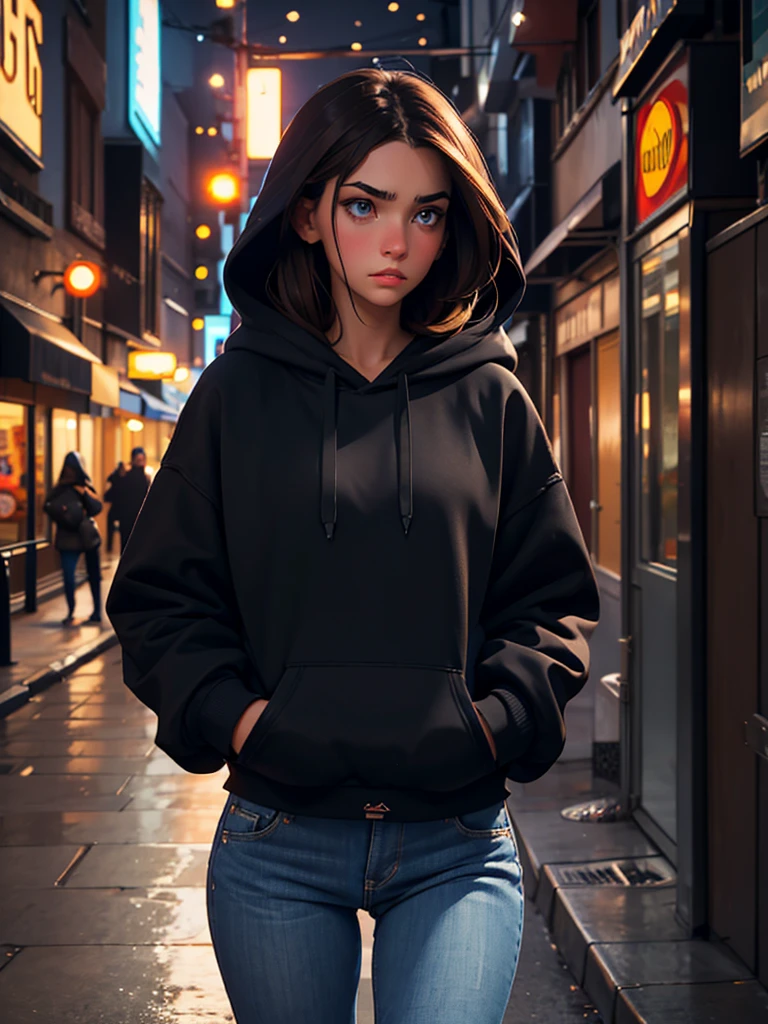 a pretty brunette girl, 22 years old, wearing a black hoodie and blue jeans, walking on an urban street, pensive and slightly sad expression, detailed facial features, detailed eyes and lips, complex urban background, whimsical lighting, Cinematic composition, Realistic photo, high quality, 8k, ultra detailed