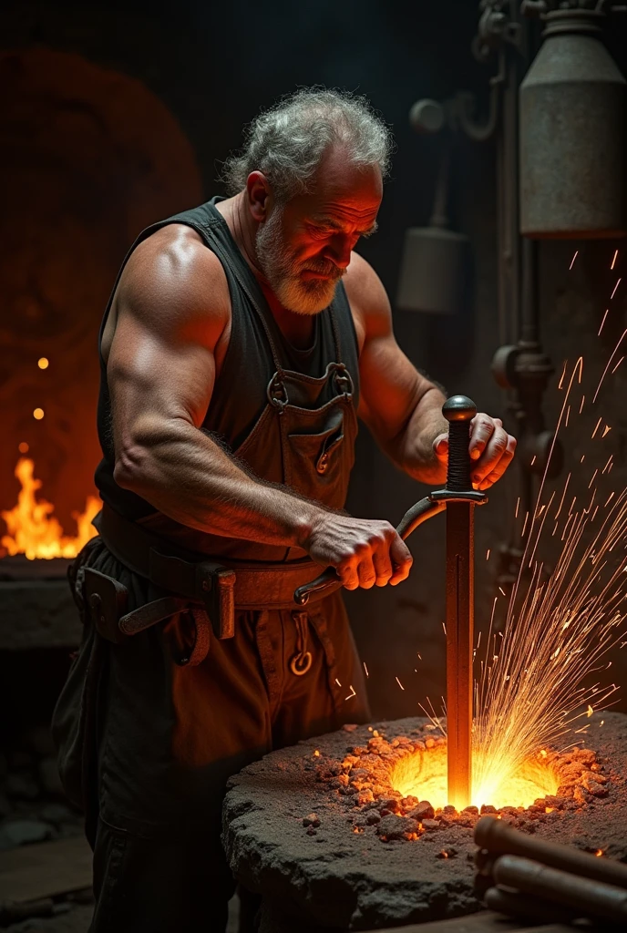 sexyblacksmith, gloves, naked apron, goggles, holding hammer, fire, anvil, spark, photo of a man forging a sword, realistic, masterpiece, intricate details, detailed background, depth of field, asas de anjo homem bonito com asas de anjos e plumas. Penis volumoso