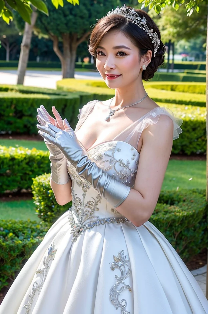 ((Masterpiece)), ((Best Quality)), A middle-aged short-hair woman, ((She is wearing an ornamental silver satin wedding dress)), She is wearing gloves on her hands., outdoor, She is in a park. She is wearing a big necklace.