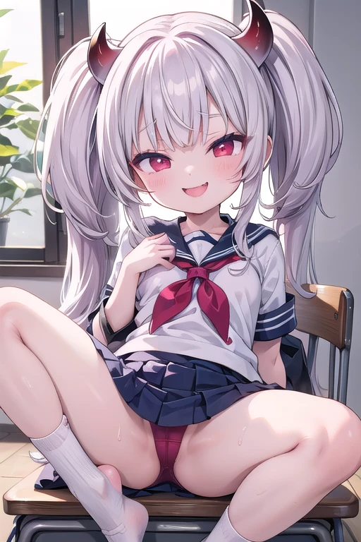 solo、wearing a school uniform, Whole body、Young face、long silver Hair、long Twin tails、Spoiled brat、Immature body、(Small breasts)、smile、Sweat、(Thick thighs:1.5)、(little demon horns and tail)、red eyes、Backwards、looking at viewer、Open mouth、double teeth、fang、blushing and sticking out her cute tongue, tongue out、sensational、Back view, Character portrait, (spread eagle position)、(M-shaped leg spread)、(School classroom)、sexy panties、school socks、Sit on the desk
