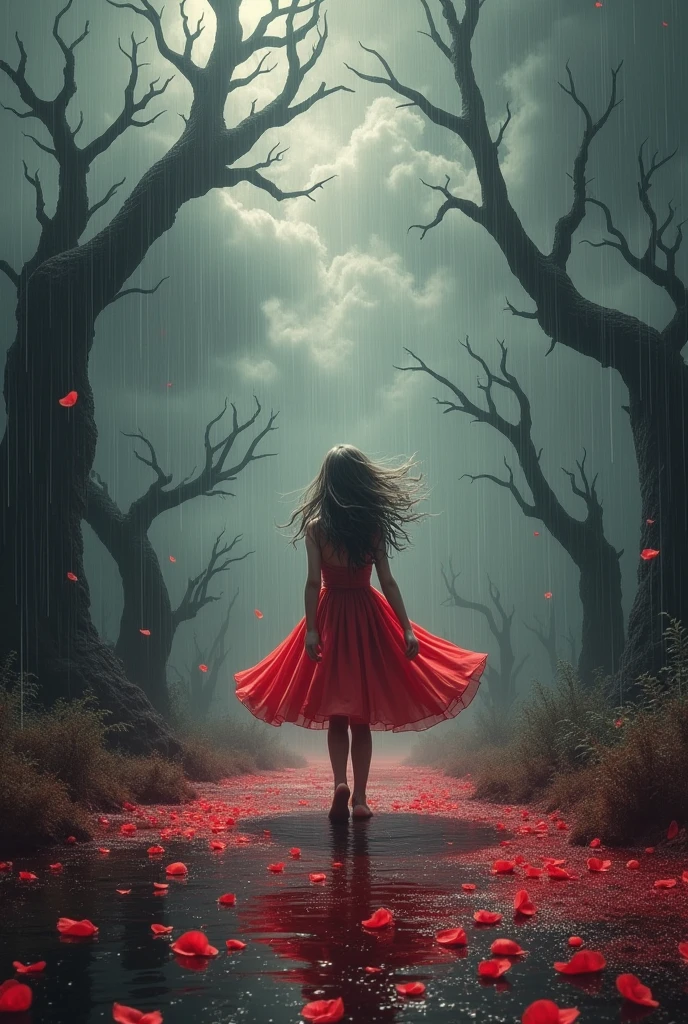 A girl in a skirt dancing in the rain of blood