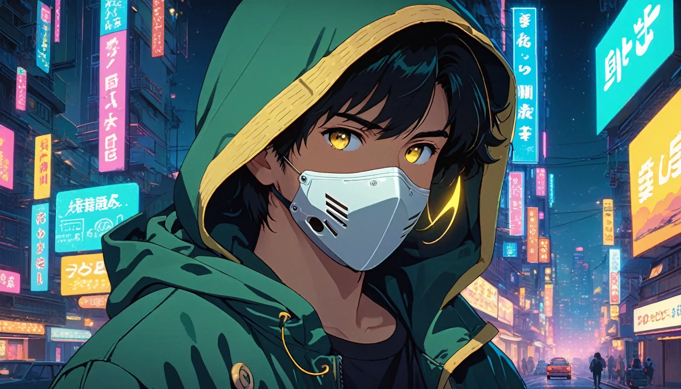 alone, lofi artstyle, lofi art, city, town, 80s anime style, Retro, Lo-Fi, masterpiece, best quality, (extremely detailed CG unity 8k wallpaper), (best quality), (best illustration), (best shadow), absurdres, realistic lighting, (Abyss), beautiful detailed glow, lofi boy, solo, looking at viewer, black hair, 1boy, jacket, yellow eyes, upper body, male focus, hood, hoodie, mask, glowing, border, Cyberpunk mask, animification, green hoodie