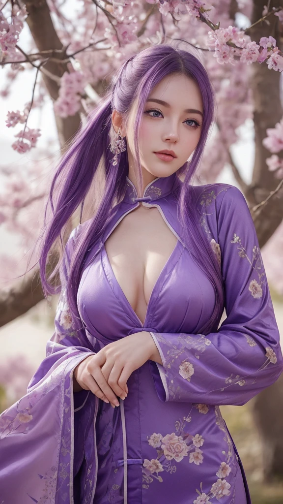 European girl. Facial details. Delicate facial features. Half-closed eyes. blue eyes. Long Straight Hairstyle. Purple Hair. A calm face. ((Sexy pose)). (Chinese clothing). Beautiful thighs. Beautiful bust. Beautiful background.