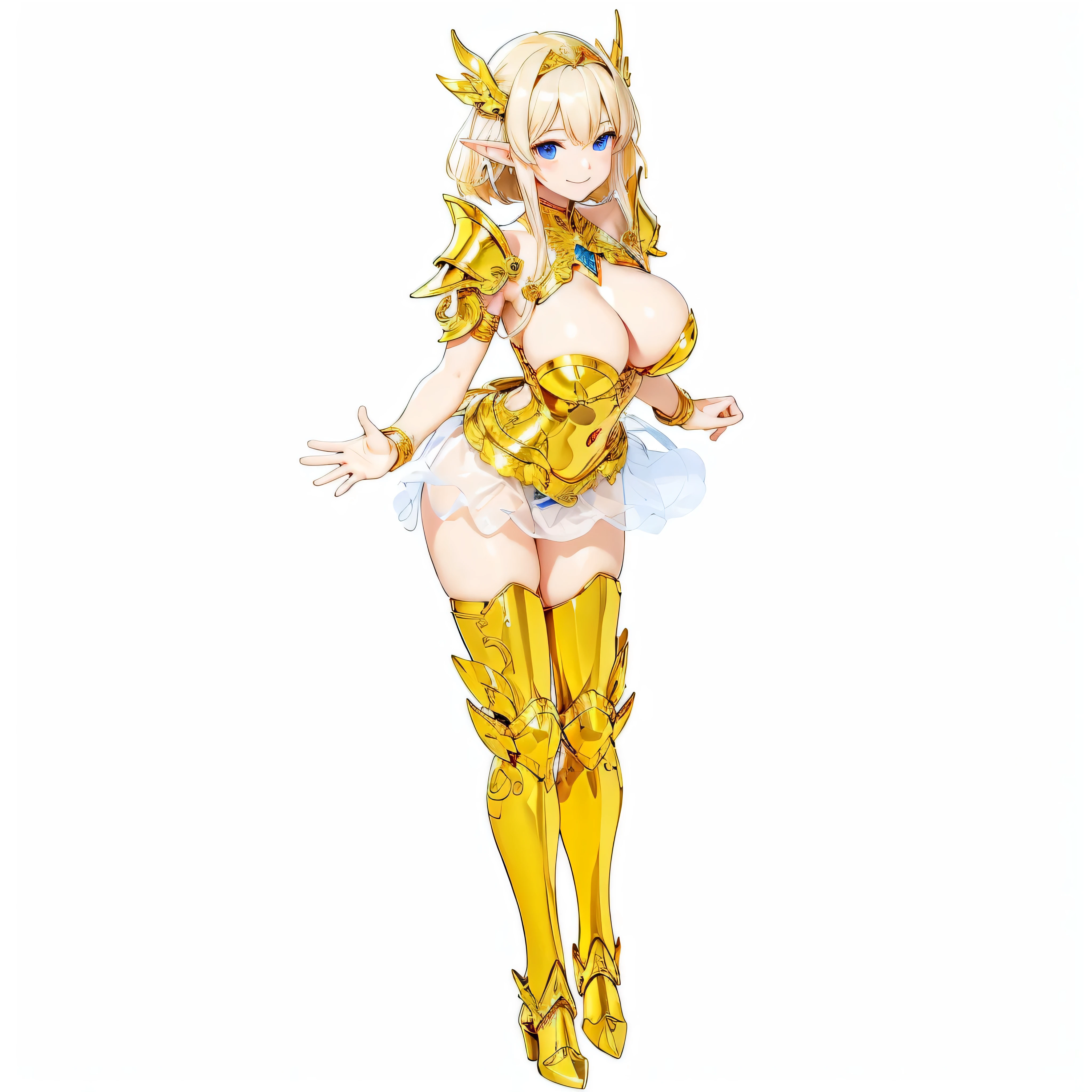 Highest quality、Very detailed、High resolution、16k、Thin contours、耳の長いElf、Nipples are visible、Shining golden armor、Gold bikini armor、Very large breasts、Extremely transparent skirt、Wearing black pants、chest proportion、Smile of the Goddess、Very white skin、Beautiful fingers、Perfect Style、Elf、No bra、Blonde hair and blue eyes、Cool smile