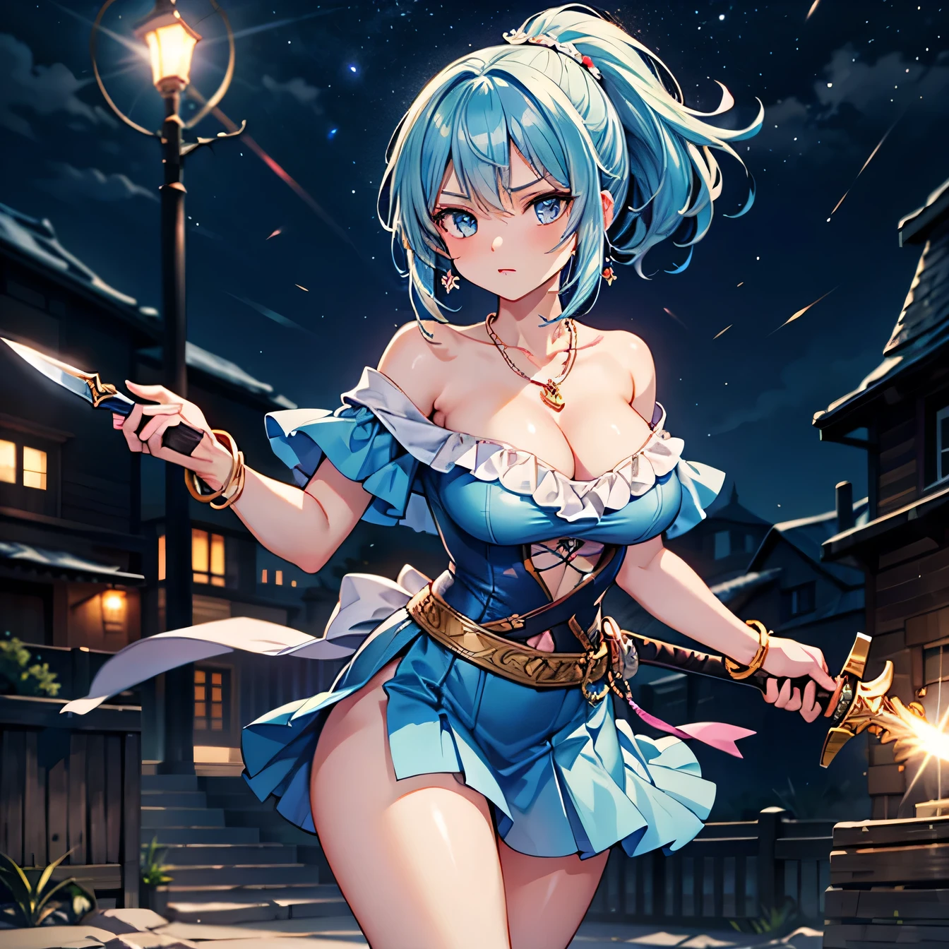 Anime Moe Art Style,Highest quality,High resolution,Anatomically correct,Mid-teens,Super detailed,Big Breasts,Shiny skin,Beautiful Skin,A rich expression,Serious expression,With her light blue hair in a ponytail,Off-the-shoulder tops,mini skirt,necklace,bracelet,hair ornaments,Plains at night,Wielding a dagger,In combat,Eyes drawn in detail,8k