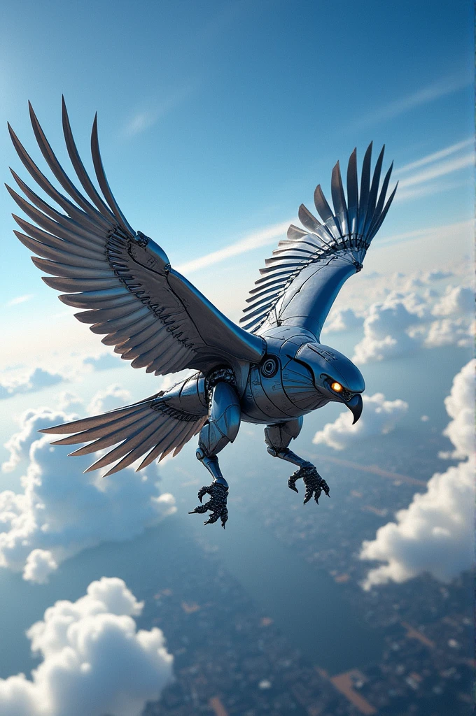 Make the picture of eagle that looking like a fighter jet it is a robot and very sharp mind and flying on the sky it is looking like a robot and he have a gun and other technology