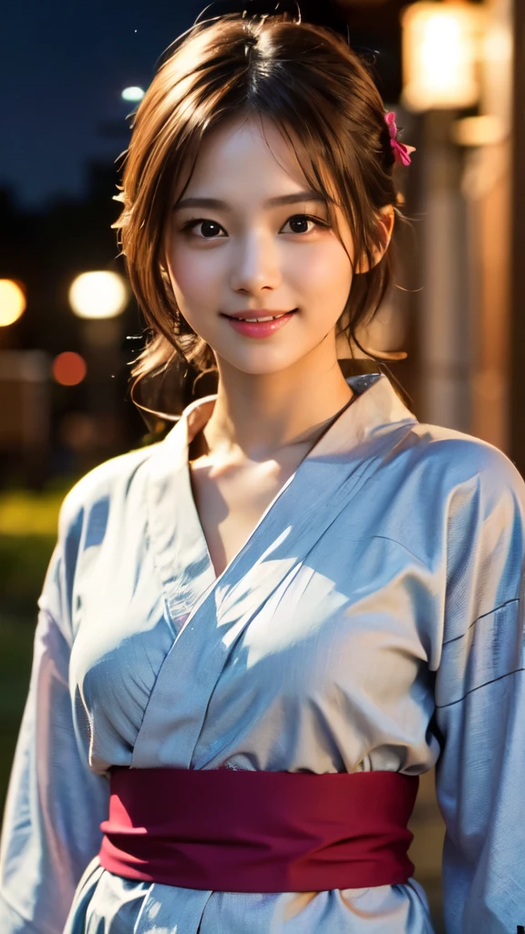 8k,Highest quality,(masterpiece:1.2),(Realistic),(Realistic:1.37),Ultra-high resolution,1 female college student,festival,night,smile,Beautiful Eyes,(((Cute Yukata))),Perfect body,Perfect Fingers,Professional Lighting,gravure,Detailed face and skin texture,fine grain,RAW Photos