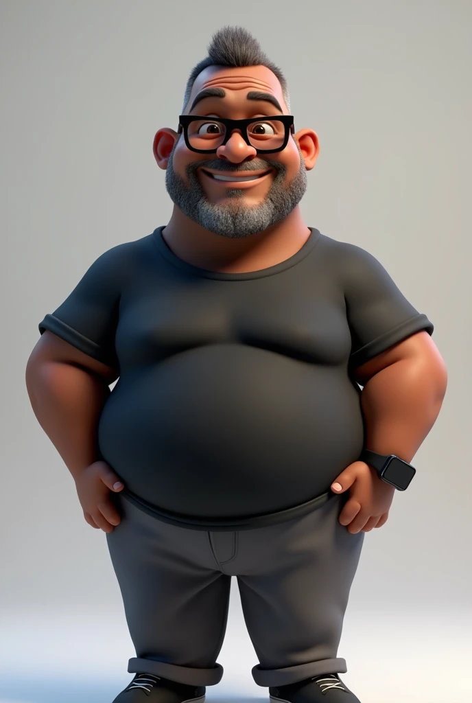 Create a full-body stylized 3D cartoon character of a middle-aged black man with a slightly overweight build. Render the character in a 'Pixar-like' or '3D Cartoon' style using 'Arnold Maya' or 'Keyshot Toon' engines for high-quality animation. Ensure the rendering includes detailed textures, detailed skin, a clay-like finish, and bokeh effects at 8K resolution (or the highest available). Use cinematic lighting with soft, diffused light to enhance skin details, and set the focus to be sharp, with the character fully in focus, and apply bokeh effects if there's any background (which should be transparent). Position the camera at a frontal angle to capture the character's face and full body. The character should have a friendly expression but without a smile, very short straight hair without a topknot, a trimmed and sparse beard with white hairs on the chin, two prominent vertical wrinkles on the forehead between the eyebrows, and a dark brown skin tone with a warm undertone. He should be equipped with modern black reading glasses, an oversized black t-shirt, dark gray pants without a belt, and a black smartwatch on his wrist.
