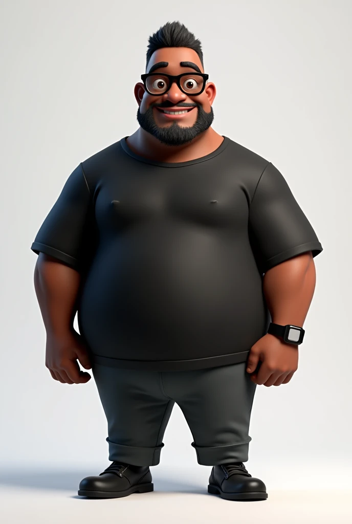 Create a full-body stylized 3D cartoon character of a middle-aged black man with a slightly overweight build. Render the character in a 'Pixar-like' or '3D Cartoon' style using 'Arnold Maya' or 'Keyshot Toon' engines for high-quality animation. Ensure the rendering includes detailed textures, detailed skin, a clay-like finish, and bokeh effects at 8K resolution (or the highest available). Use cinematic lighting with soft, diffused light to enhance skin details, and set the focus to be sharp, with the character fully in focus, and apply bokeh effects if there's any background (which should be transparent). Position the camera at a frontal angle to capture the character's face and full body. The character should have a friendly expression but without a smile, very short straight hair without a topknot, a trimmed and sparse beard with white hairs on the chin, two prominent vertical wrinkles on the forehead between the eyebrows, and a dark brown skin tone with a warm undertone. He should be equipped with modern black reading glasses, an oversized black t-shirt, dark gray pants without a belt, and a black smartwatch on his wrist.