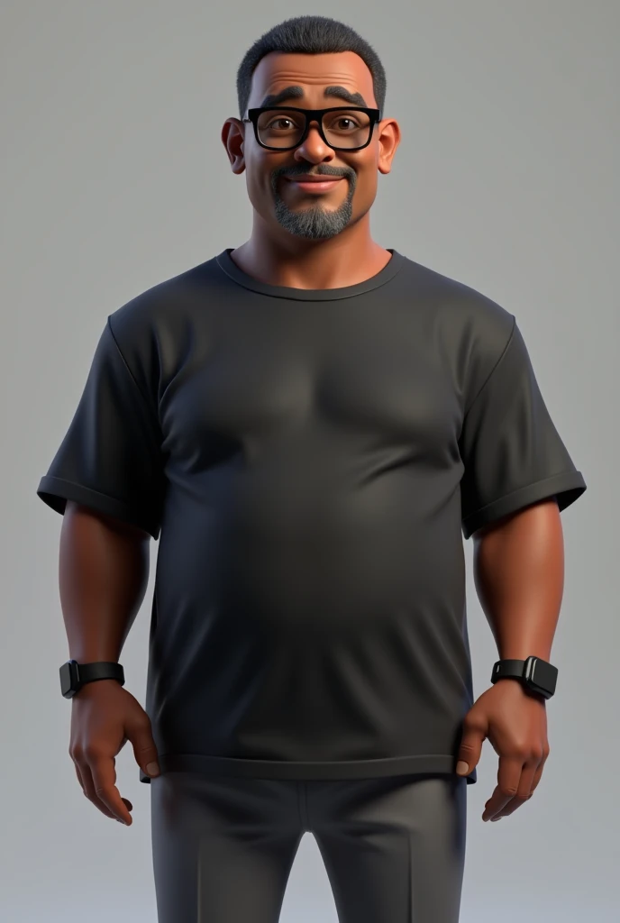 Create a full-body stylized 3D cartoon character of a middle-aged black man with a slightly overweight build. Render the character in a 'Pixar-like' or '3D Cartoon' style using 'Arnold Maya' or 'Keyshot Toon' engines for high-quality animation. Ensure the rendering includes detailed textures, detailed skin, a clay-like finish, and bokeh effects at 8K resolution (or the highest available). Use cinematic lighting with soft, diffused light to enhance skin details, and set the focus to be sharp, with the character fully in focus, and apply bokeh effects if there's any background (which should be transparent). Position the camera at a frontal angle to capture the character's face and full body. The character should have a friendly expression but without a smile, very short straight hair without a topknot, a trimmed and sparse beard with white hairs on the chin, two prominent vertical wrinkles on the forehead between the eyebrows, and a dark brown skin tone with a warm undertone. He should be equipped with modern black reading glasses, an oversized black t-shirt, dark gray pants without a belt, and a black smartwatch on his wrist.