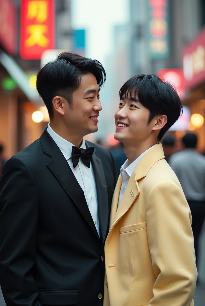 (photorealism:1.2), two men one tall and one short, they should be Korean, the short one should be wearing cute clothes with warm colors while the tall man should be wearing an formal dress in black color. The tall one should be smirking while looking at the shorter one, while the shorter one has a nervous expression