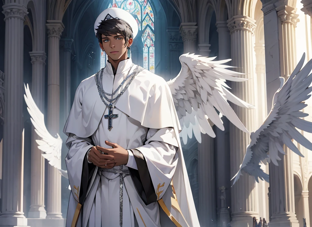 ((Best quality)), HD 4K, Seraphin angel, Angel with six wings, white wings, silver eyes for wings, six wings, silver clothes, appearance of a young man with dark skin, young man from the Middle East, beardless, white and silver papal robes, Wings on the papal hat, Metatron's Cube in the background, a silver city full of angels