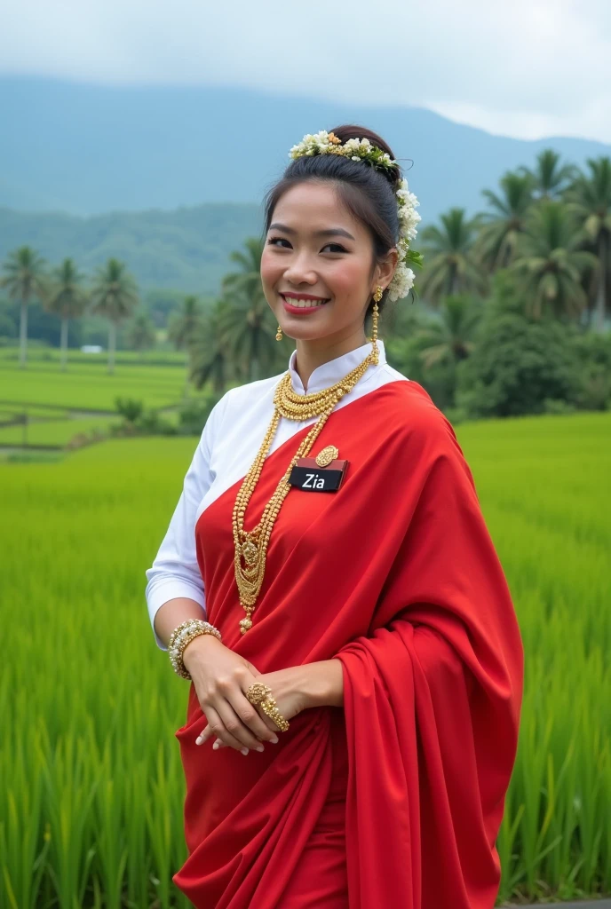 a beautiful woman wearing traditional Sulawesi clothes, red and white with an Indonesian background. Name tag Zia