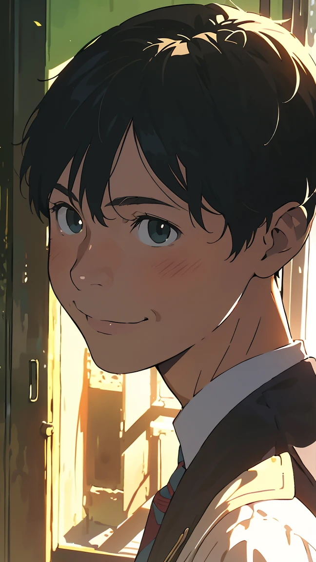 ((Short hair, short hair)) uniform, boy 1, 1 person, very beautiful, best quality, great quality, curated, shape, very detailed, anime coloring, very detailed, official art, warm tones, sun flare, soft shadows, vibrant colors, very detailed, official art, facial expression pattern, smile,