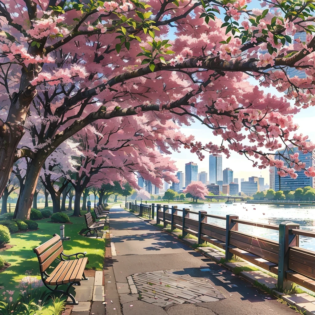 A bench stands under the tree, city of spring season, beautiful anime scenery, Cherry blossom trees, beautiful anime scene, beautiful cityscape, Sakura trees, anime beautiful world scene, lush Sakura trees, Cherry forest, perfect Spring Day with, City park with flowers, beautiful city, landscape wallpaper aesthetic, Cherry blossom season, Spring Day, landscape wallpaper