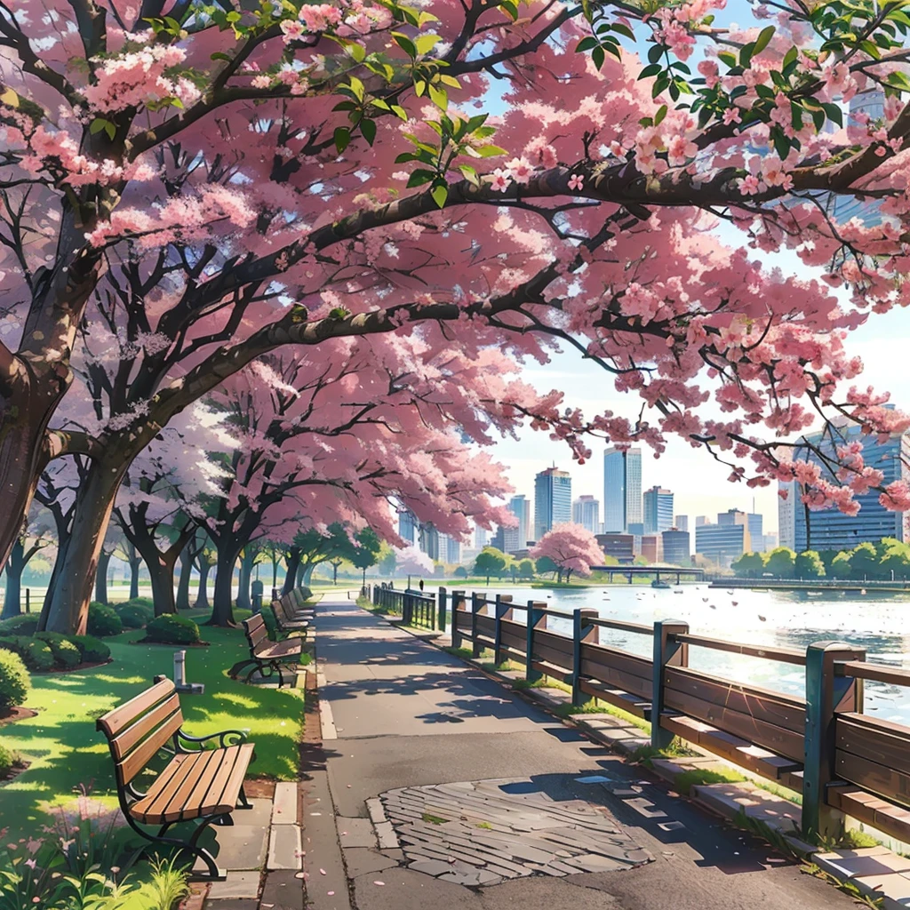 A bench stands under the tree, city of spring season, beautiful anime scenery, Cherry blossom trees, beautiful anime scene, beautiful cityscape, Sakura trees, anime beautiful world scene, lush Sakura trees, Cherry forest, perfect Spring Day with, City park with flowers, beautiful city, landscape wallpaper aesthetic, Cherry blossom season, Spring Day, landscape wallpaper
