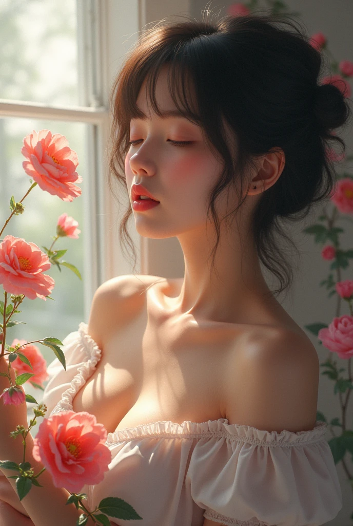 12 years old naked girl, floral, Lycianthus ,In light green and light blue styles..., Dreamy and romantic composition..., dripping flowers on her face, colorism, white background, pencil art illustrations, looking at the viewer, naked body, sleep side posing, skinny legs, small breasts, shy face,