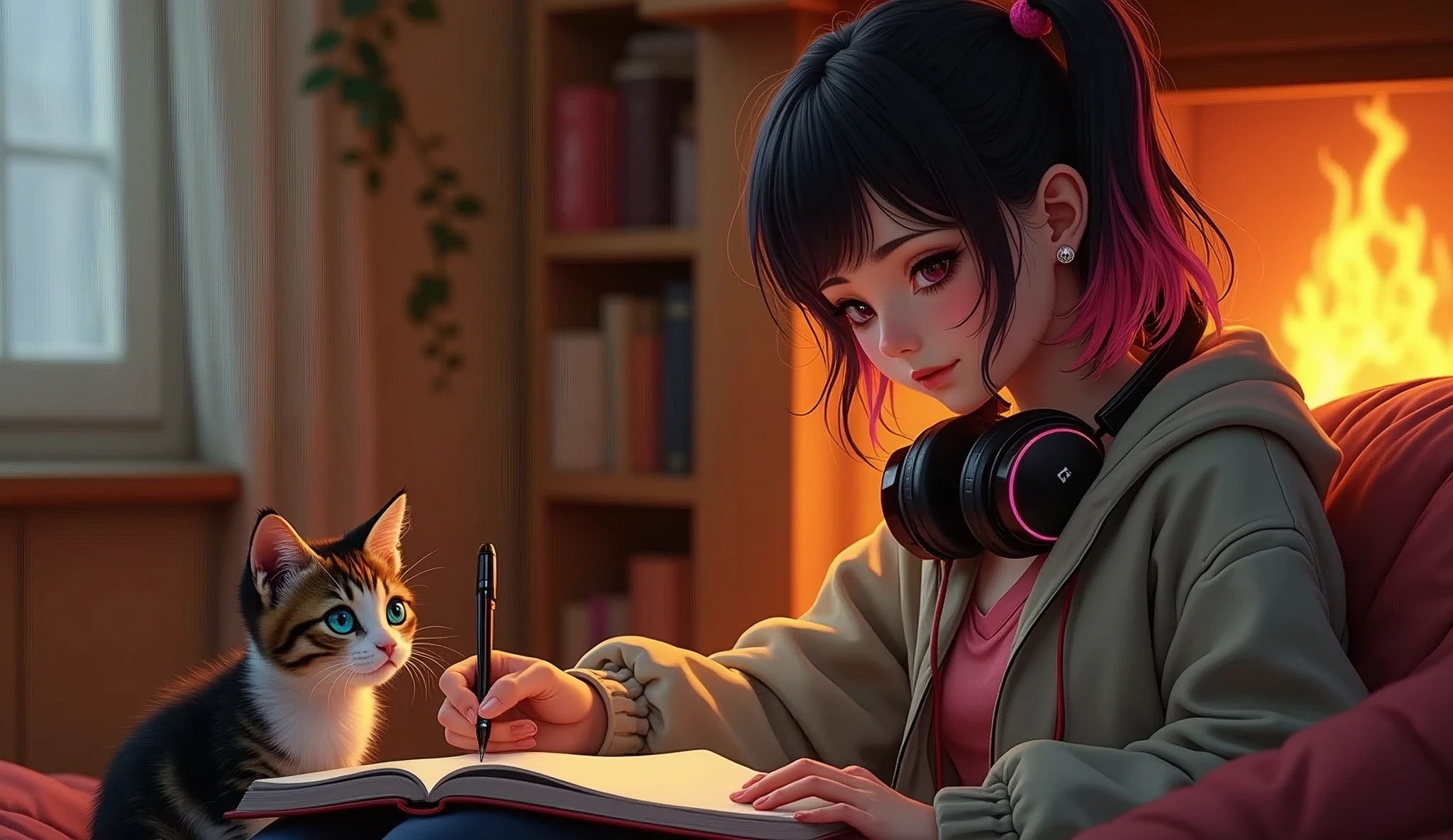 A beautiful young e-girl, wearing headphones and stylish clothing in pink and black, is writing in a notebook. The scene is set in a cozy room with a warm, crackling fireplace. A curious kitten with one eye of each color is sitting nearby, watching intently as she writes. The image should be of high quality, a work of art, and highly detailed, with a 16:9 aspect ratio, streaked hair, modern, vanishing point, wide shot, wide shot, vanishing point, wide shot, UHD, masterpiece, super detail