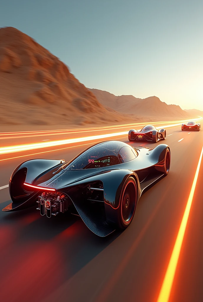 high quality long exposure photo of a {hyperspeed vehicle, open hud, naked engine, hyper power turbo charge}racing with another cars, cinematic shot, slow shutter speed motion photography, speed light trail behind, shot on Fuji Film XT4 camera f/2. ISO 200, dynamic motion, cinematic movement, blurry edges, super detailed, perfect motion, side view, best wallpaper quality, 8k, speed light trail along the motion with a sand element transition movement of color background