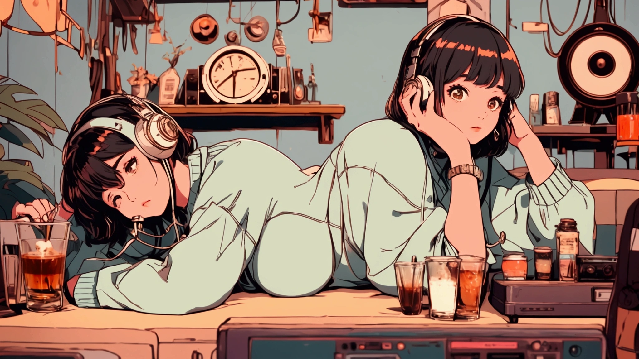 a cozy, nostalgic scene featuring a young woman with short dark hair, wearing a white shirt, lying down and resting her head on a desk. She has large headphones over her ears, and her eyes are closed as if she has fallen asleep, near a vintage turntable and vinyl records. In the background, include old-fashioned audio equipment like a radio and a coffee cup.