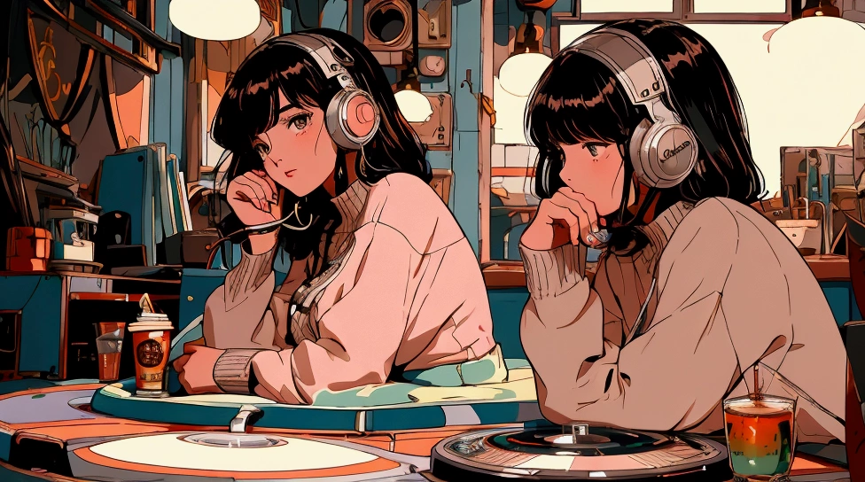 a cozy, nostalgic scene featuring a young woman with short dark hair, wearing a white shirt, lying down and resting her head on a desk. She has large headphones over her ears, and her eyes are closed as if she has fallen asleep, near a vintage turntable and vinyl records. In the background, include old-fashioned audio equipment like a radio and a coffee cup.