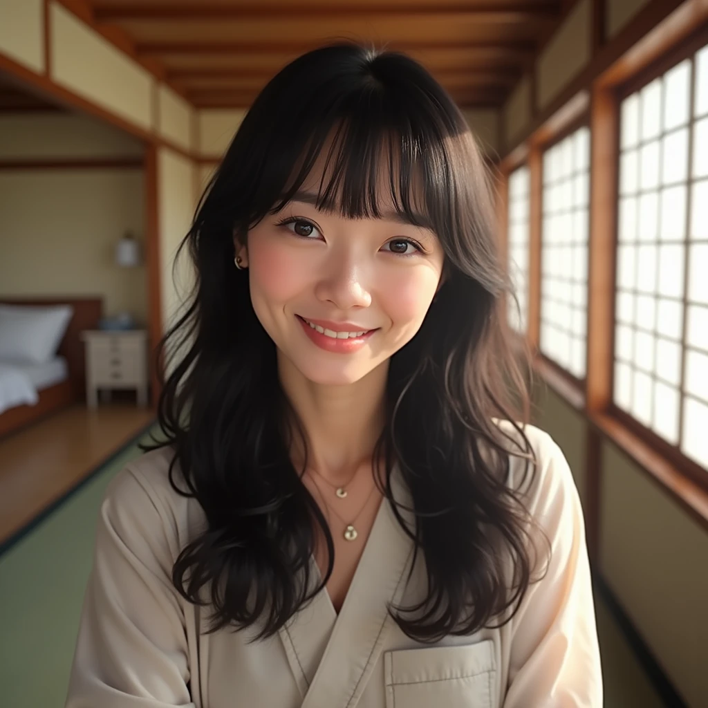 
A woman in her 40s taking a selfie in a Japanese-style room。Medium-long black hair。Bangs that cover the eyebrows。Smile。A Japanese-style room with sunlight streaming in。
Realistic。high resolution。Japan women in their 40s。Slightly noticeable crow's feet and nasolabial folds。