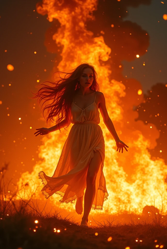 Thin woman of ,Long hair, His entire body is completely covered in red flames.