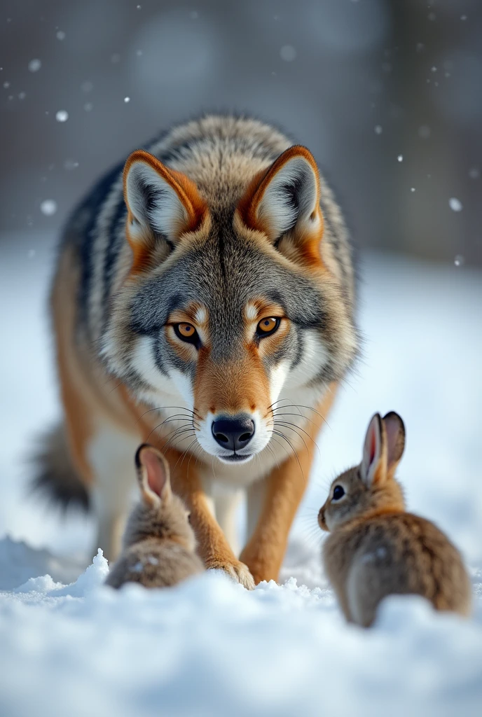 A brown wolf,Realistic and cute,,waiting to catch prey,Expression ready to go,Snow in the background,There are rabbits on the ground