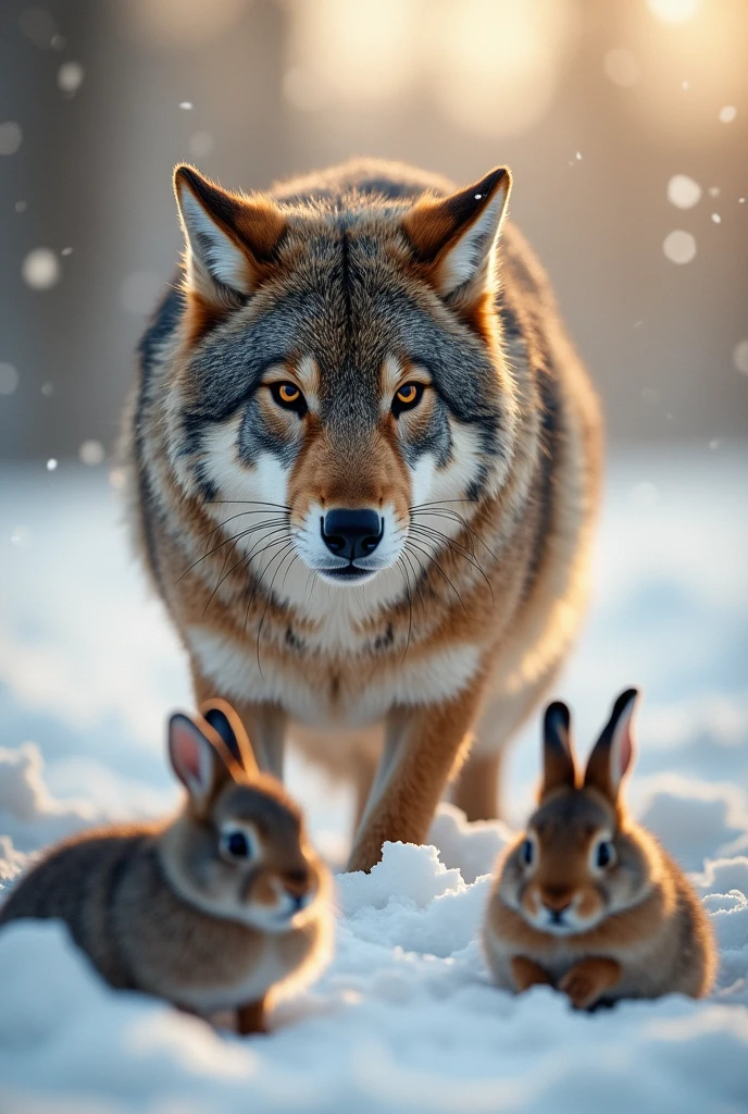 A brown wolf,Realistic and cute,,waiting to catch prey,Expression ready to go,Snow in the background,There are rabbits on the ground