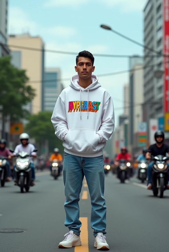 hyper-realistic Indonesian male, ,Thin and short body (short) wearing a white hoodie with writing "Hypebeast" colorful writing ,wearing jeans and casual shoes ,hair style (short slicked back) background jakarta