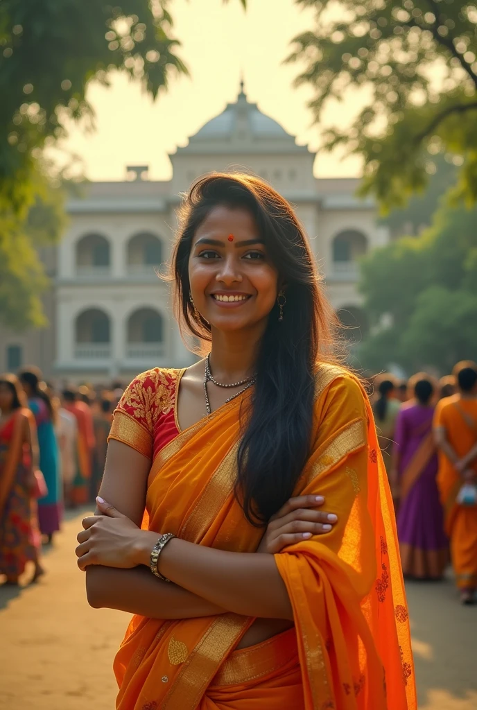 One 20 years village girl standing front of college wearing assam R K nagar Little haldi body tips her nature is shining had caved by shi college scrv