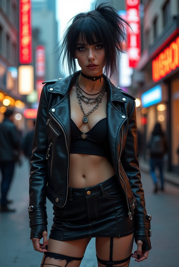 a sexy punk girl in a mini-skirt, detailed face and eyes, beautiful detailed lips, dark makeup, messy punk hairstyle, leather jacket, ripped stockings, dark nail polish, moody expression, urban city background, vibrant colors, cinematic lighting, highly detailed, photorealistic, 8k, masterpiece