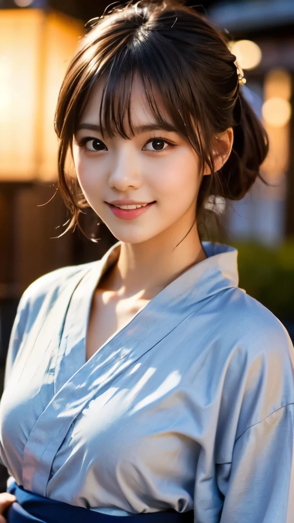 8k,Highest quality,(masterpiece:1.2),(Realistic),(Realistic:1.37),Ultra-high resolution,1 female college student,festival,night,smile,Beautiful Eyes,(((Cute Yukata))),Perfect body,Perfect Fingers,Professional Lighting,gravure,Detailed face and skin texture,fine grain,RAW Photos