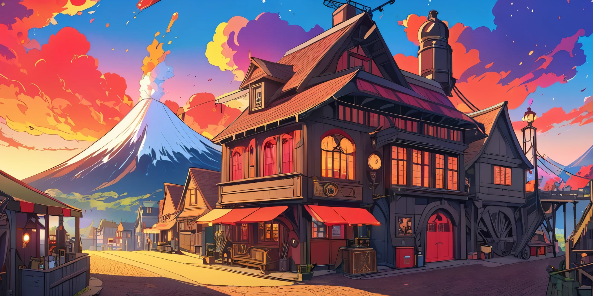 Draw a lofi anime poster, village, volcan, Steampunk Decoration, faire, lumière, a beautiful color palette in black red, couleurs saturées vibrantes, ouvrages d'art, days, animated theme