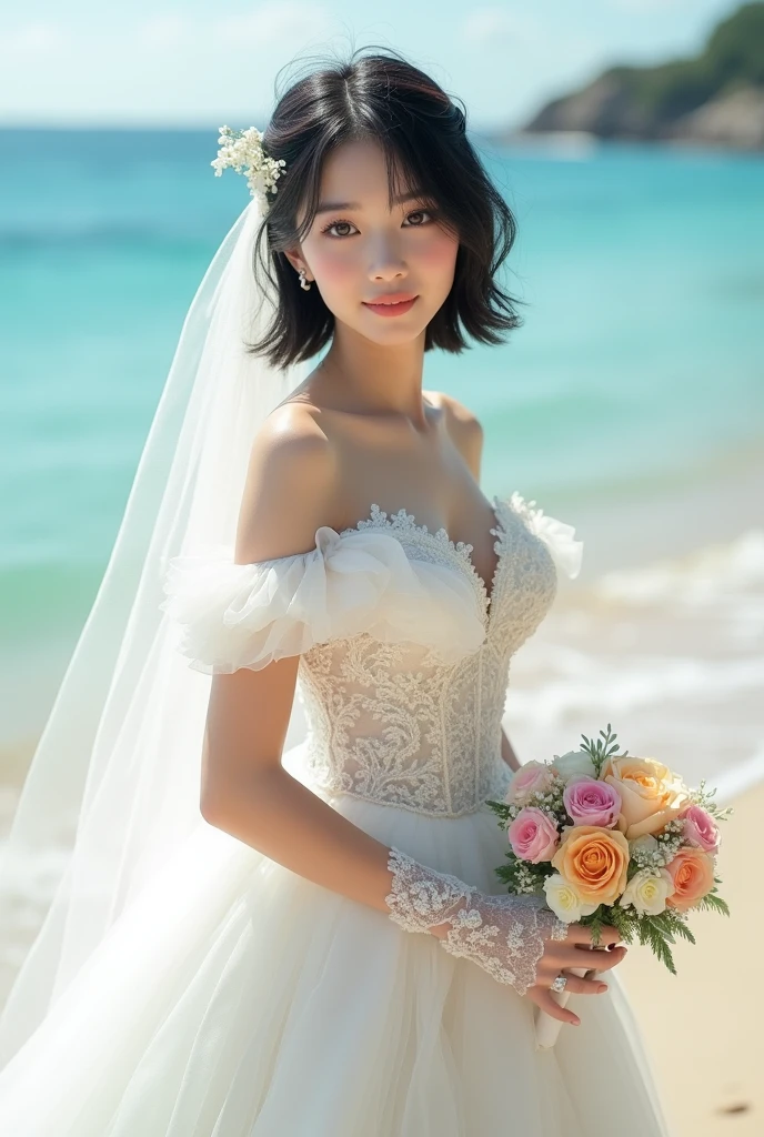 (8k, Photorealistic, Raw photo, Highest quality: 1.4),Japanese idol-style beautiful girl,model,1 person,18-year-old,(Short Bob),(Black Hair),tiara,She has her hair tucked behind her ears,Clear grey eyes,(Long eyelashes),(eye shadow),(Eyeliner),(eyeliner),(piercings(small)),cheek(Beige brown color),(Lip gloss(Deep vermilion)),lips(Plump,glossy),Skin that is as white and smooth as translucent porcelain,thin long neck,Thin and delicate shoulders,(Lace gloves(White)),(Wedding bouquet :1.1),(Wedding dress((Frills),(Lace embroidery),(Plumpしたロングスカート :1.2))),(layer),(veil fluttering in the wind),(High heels(White)),(beach garden wedding),(background with sand beach),(Smiling at the camera),(Full body portrait),(Refer to https://the-weddingdress.jp/)