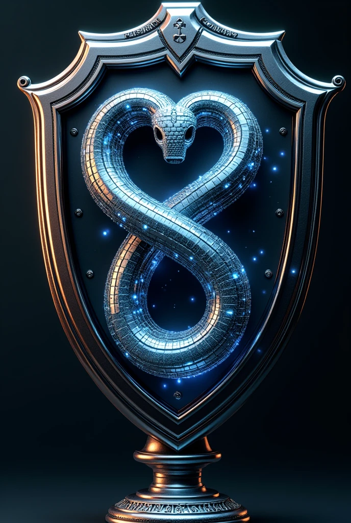 Create a coiled robotic snake in the shape of an eight inside a trophy within a shield