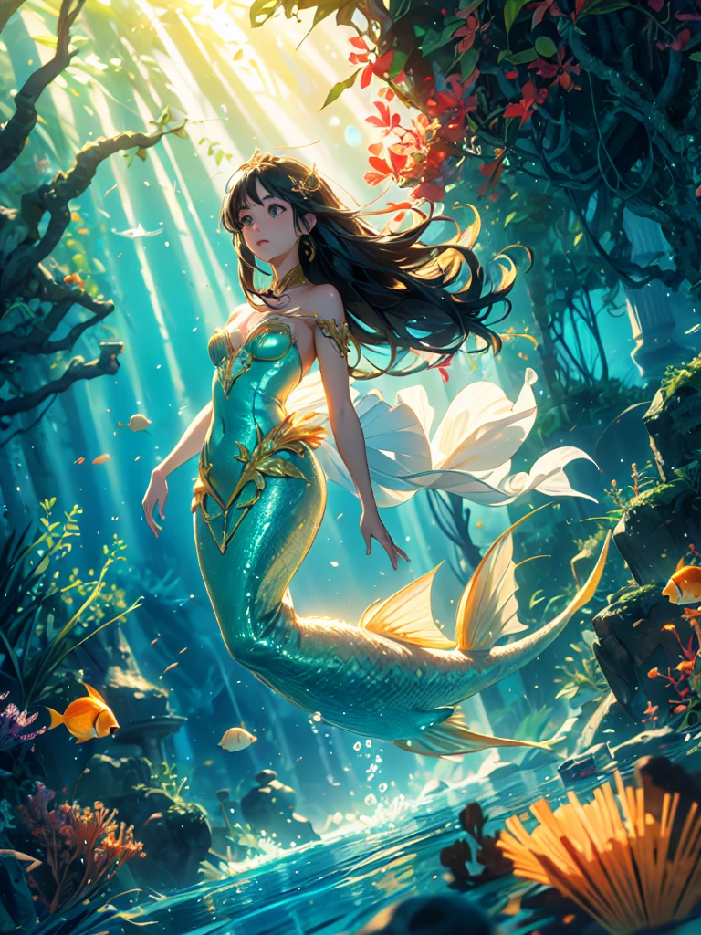 Create a anime style landscape image. Fantasy-style digital artwork depicting a mermaid underwater. The layout is vertical, with the mermaid positioned centrally, swimming upwards towards the light. She has long, flowing black hair and a fair complexion. Her attire is intricate, featuring a shimmering, gold and white top with delicate, shell-like details and a matching tail that glows with golden light. Surrounding her are small, orange fish and bubbles, adding to the underwater ambiance. The background is a deep green, suggesting the depths of the ocean, with hints of coral and aquatic plants.