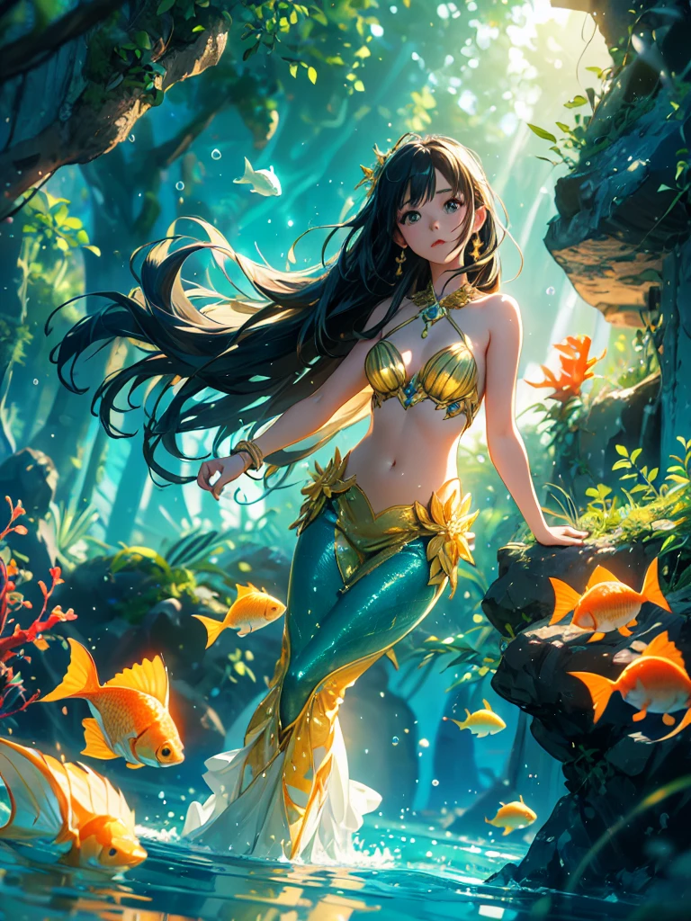 Create a anime style landscape image. Fantasy-style digital artwork depicting a mermaid underwater. The layout is vertical, with the mermaid positioned centrally, swimming upwards towards the light. She has long, flowing black hair and a fair complexion. Her attire is intricate, featuring a shimmering, gold and white top with delicate, shell-like details and a matching tail that glows with golden light. Surrounding her are small, orange fish and bubbles, adding to the underwater ambiance. The background is a deep green, suggesting the depths of the ocean, with hints of coral and aquatic plants.