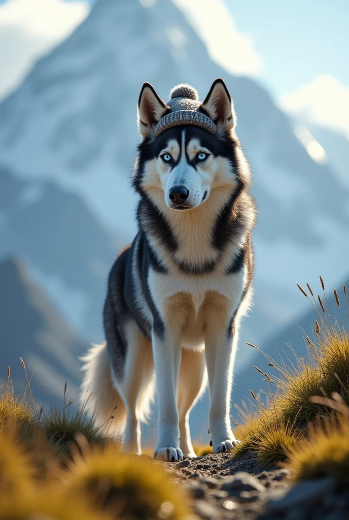 everest, paw patrol, husky, ((solo)), female, feral, tail, hat, grass, standing, looking at viewer, by crumbles, full body, anatomically correct, realistic fur, detailed, detailed, background, best quality, masterpiece, detailed eyes, detailed pupil, ((full body)),feet close up