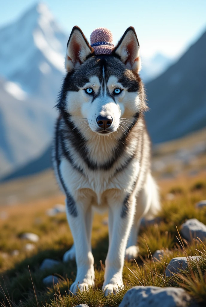 everest, paw patrol, husky, ((solo)), female, feral, tail, hat, grass, standing, looking at viewer, by crumbles, full body, anatomically correct, realistic fur, detailed, detailed, background, best quality, masterpiece, detailed eyes, detailed pupil, ((full body)),feet close up