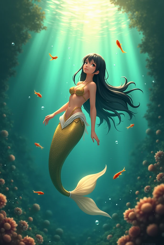 Create a anime style landscape image. Fantasy-style digital artwork depicting a mermaid underwater. The layout is vertical, with the mermaid positioned centrally, swimming upwards towards the light. She has long, flowing black hair and a fair complexion. Her attire is intricate, featuring a shimmering, gold and white top with delicate, shell-like details and a matching tail that glows with golden light. Surrounding her are small, orange fish and bubbles, adding to the underwater ambiance. The background is a deep green, suggesting the depths of the ocean, with hints of coral and aquatic plants.
