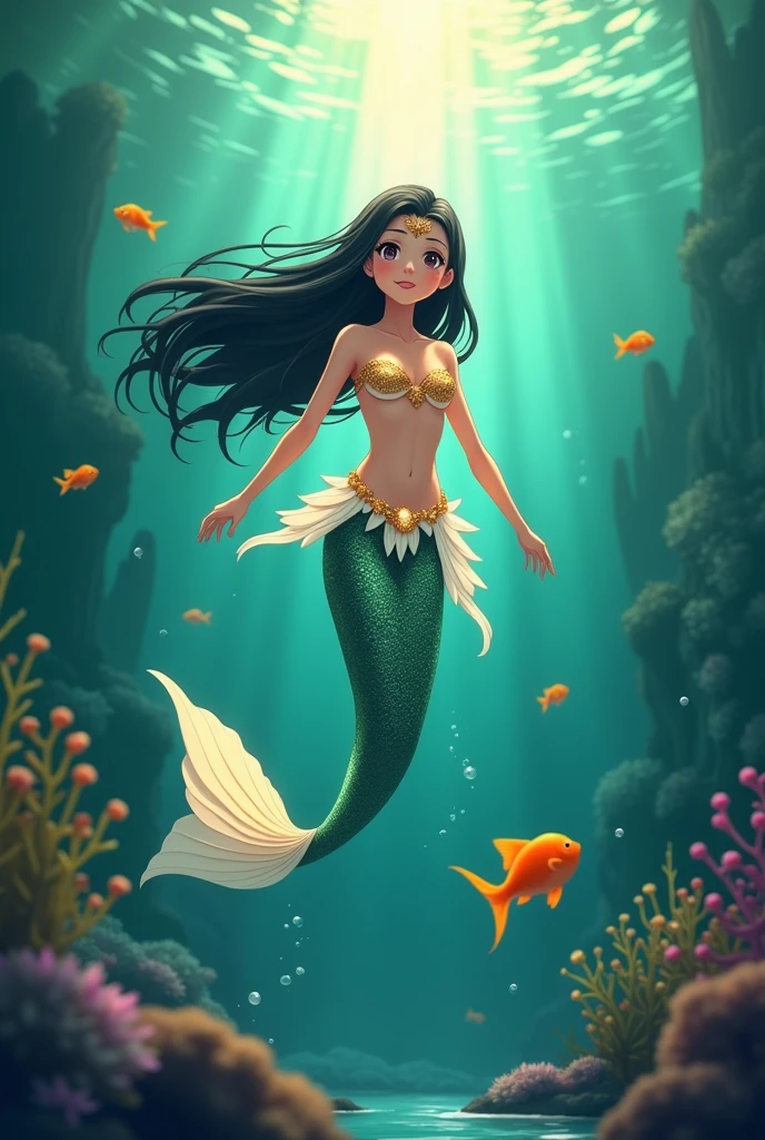 Create a anime style landscape image. Fantasy-style digital artwork depicting a mermaid underwater. The layout is vertical, with the mermaid positioned centrally, swimming upwards towards the light. She has long, flowing black hair and a fair complexion. Her attire is intricate, featuring a shimmering, gold and white top with delicate, shell-like details and a matching tail that glows with golden light. Surrounding her are small, orange fish and bubbles, adding to the underwater ambiance. The background is a deep green, suggesting the depths of the ocean, with hints of coral and aquatic plants.