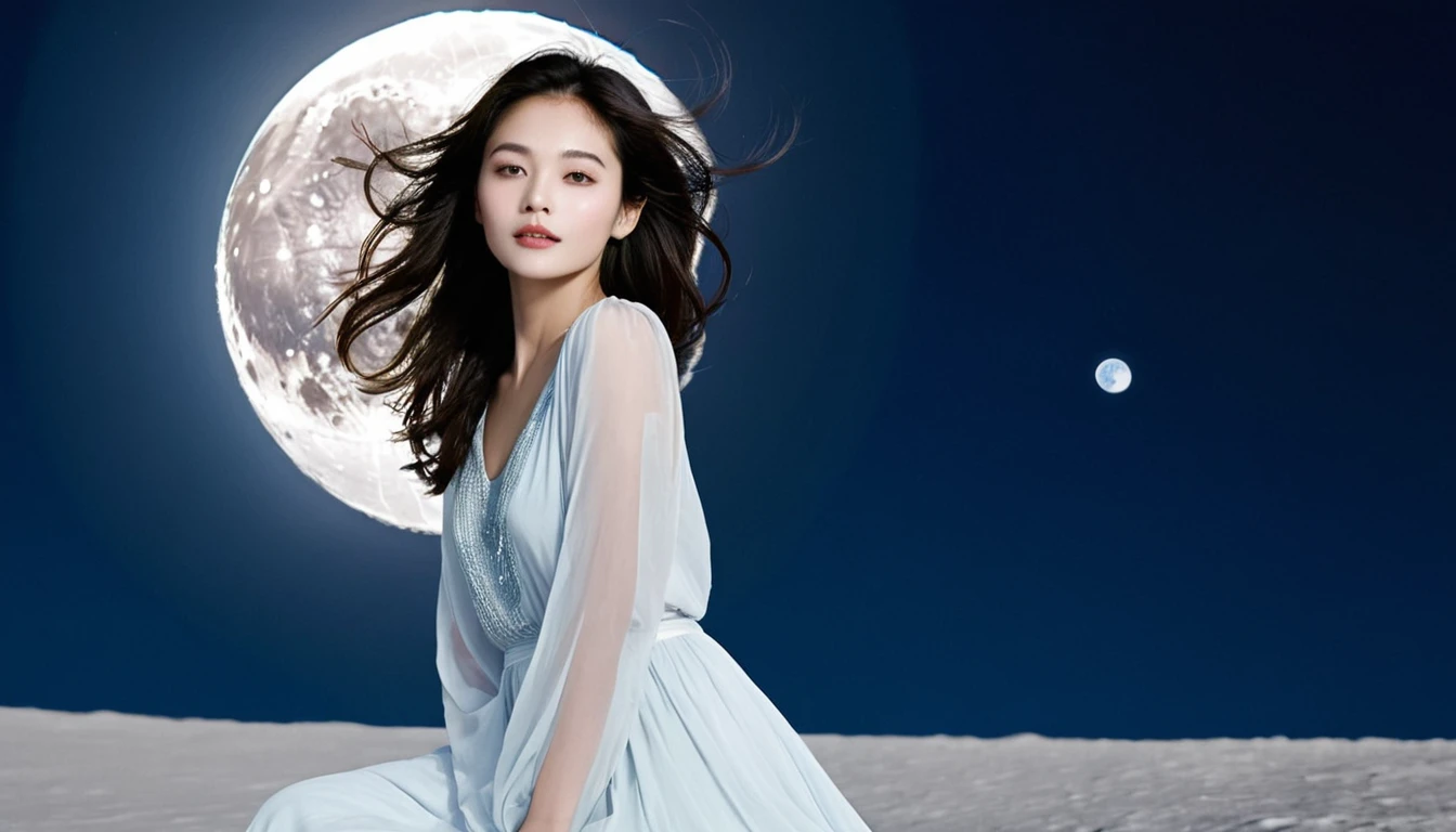 A beautiful woman with a beloved aura floating on the moon's ocean