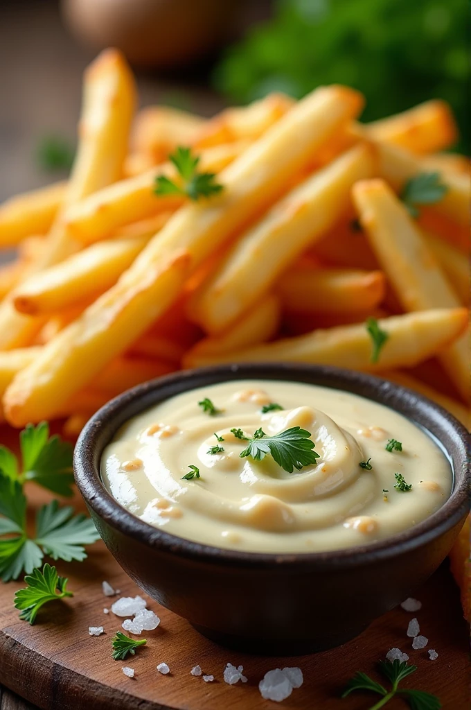 A post which shows garlic mayo sauce with fries