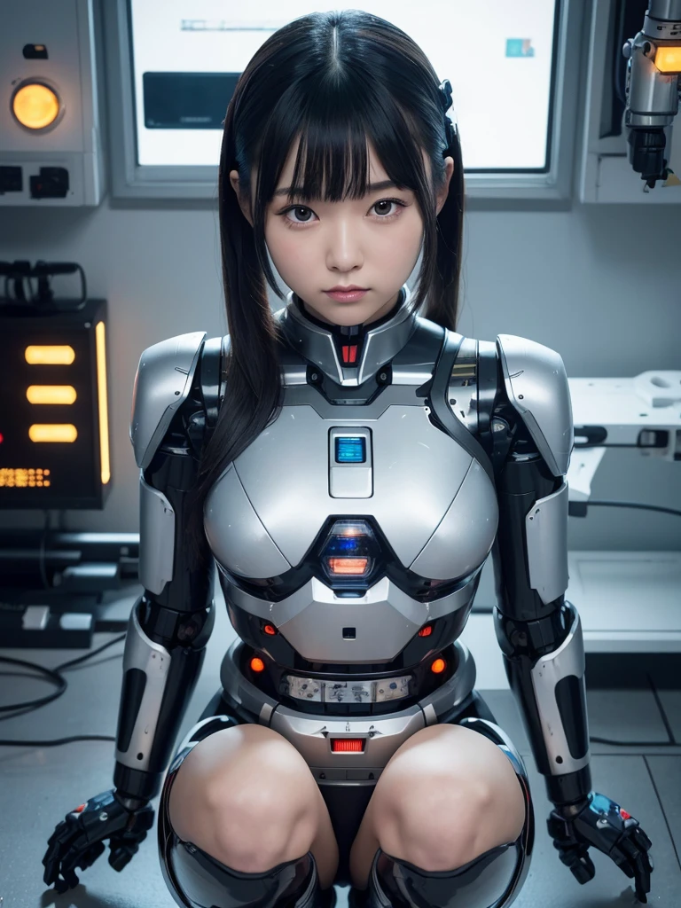 masterpiece, Highest quality, Very detailed, Japaese アンDroid girl,Portraiture,Plump,Thick,Control panel,アンDroid,Droid,Mechanical Hand, robotの腕と脚, Black Hair,Blunt bangs,perfect robot girl,Long tube,A thick cable was attached to her neck.,アンDroid,robot,humanoid,cyborg,japanese cyborg girl ,robot-assembly plant,She is now assembling,Assembly scene,Chubby,Squat
