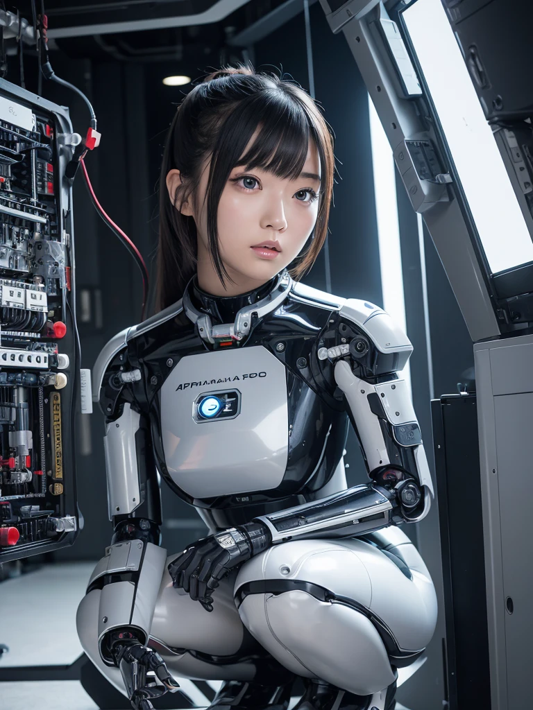 masterpiece, Highest quality, Very detailed, Japaese アンDroid girl,Portraiture,Plump,Thick,Control panel,アンDroid,Droid,Mechanical Hand, robotの腕と脚, Black Hair,Blunt bangs,perfect robot girl,Long tube,A thick cable was attached to her neck.,アンDroid,robot,humanoid,cyborg,japanese cyborg girl ,robot-assembly plant,She is now assembling,Assembly scene,Chubby,Squat