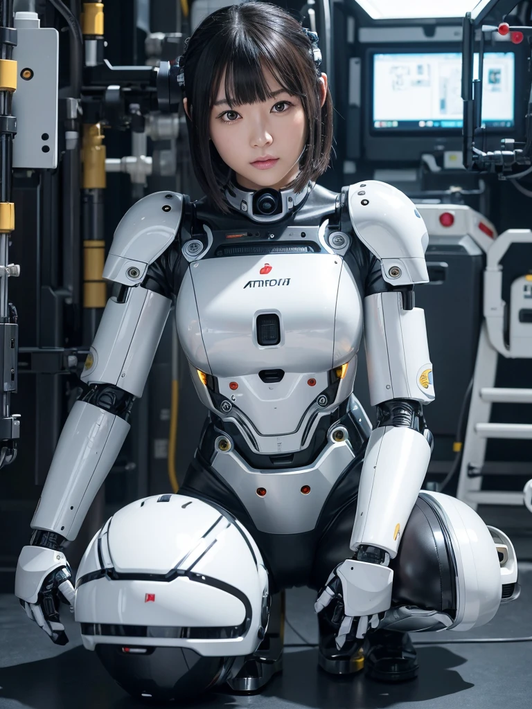 masterpiece, Highest quality, Very detailed, Japaese アンDroid girl,Portraiture,Plump,Thick,Control panel,アンDroid,Droid,Mechanical Hand, robotの腕と脚, Black Hair,Blunt bangs,perfect robot girl,Long tube,A thick cable was attached to her neck.,アンDroid,robot,humanoid,cyborg,japanese cyborg girl ,robot-assembly plant,She is now assembling,Assembly scene,Chubby,Squat