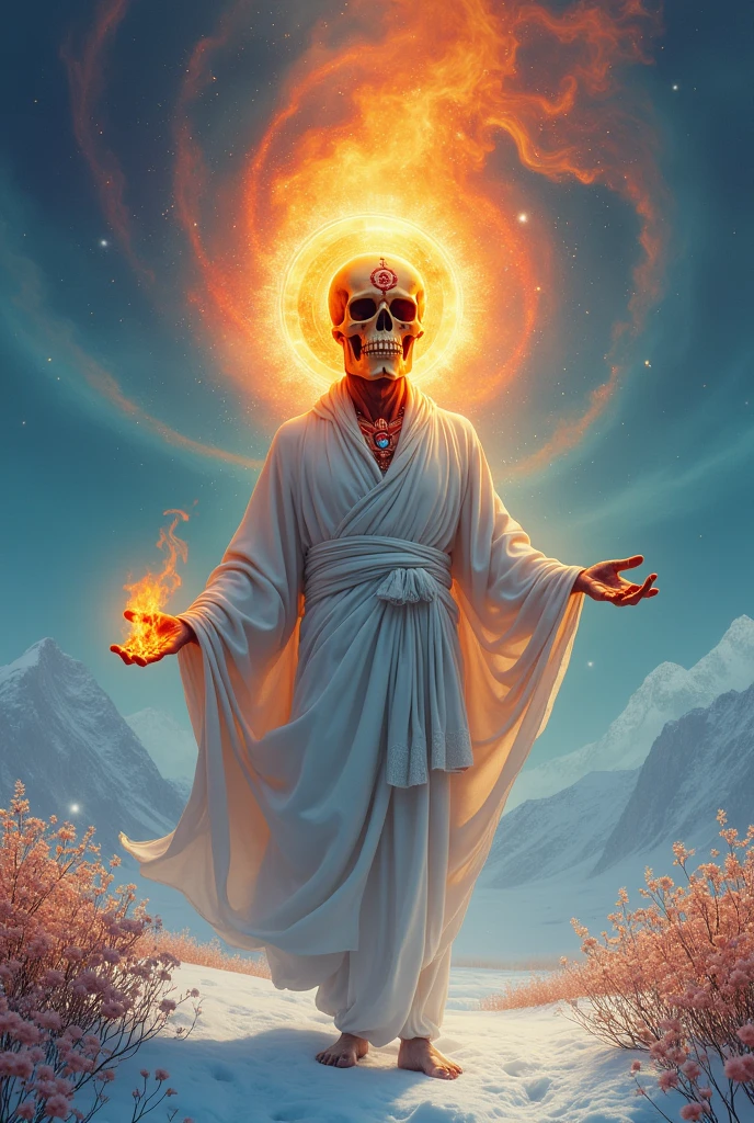 (photorealism:1.2), burning skull, wearing white toga, with angel halo above the head, with third eye open on the forehead, in the snow, psychedelic sky, flower in background, levitating, realistic, intricate details, bright colors.