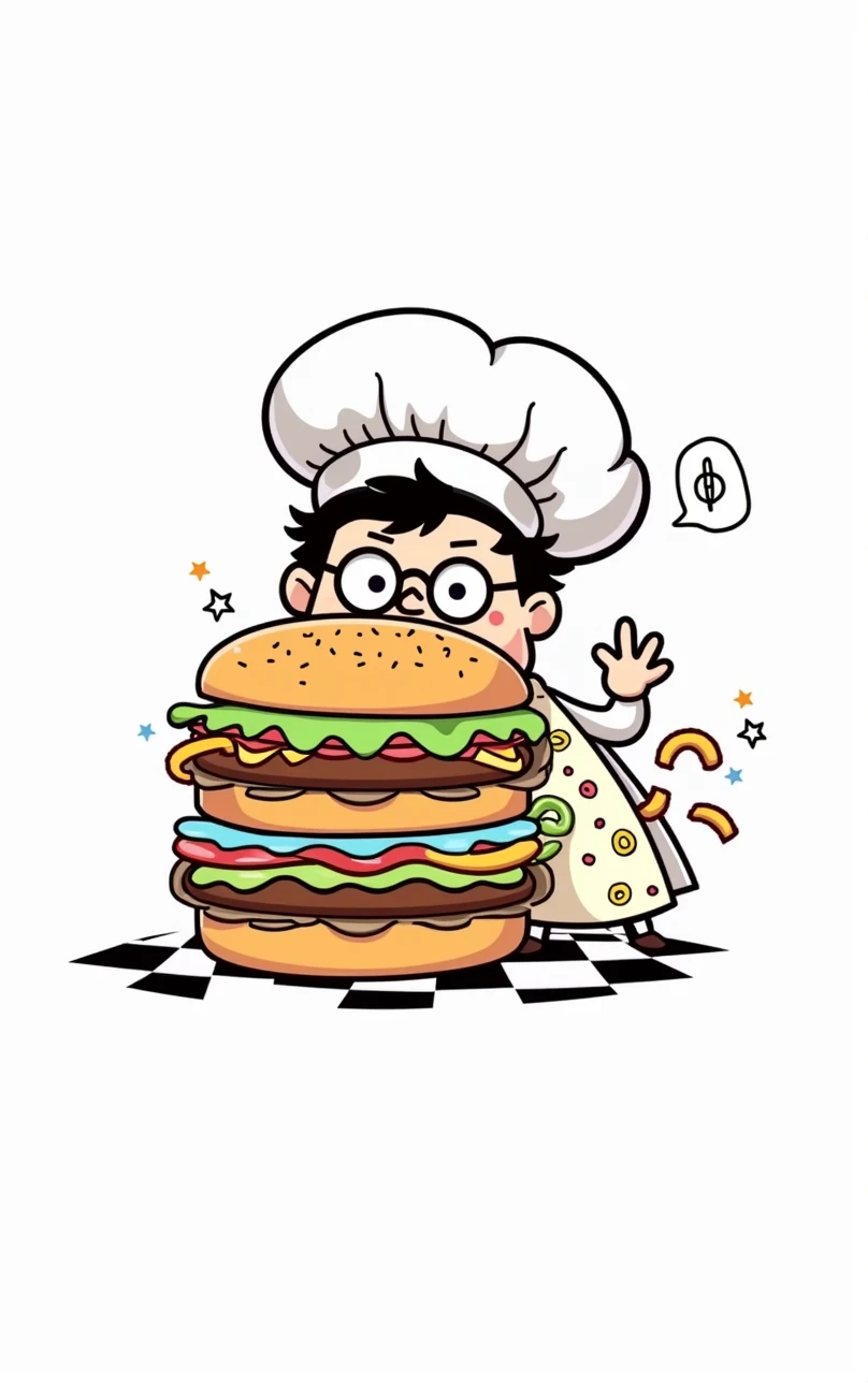 Create an animated video featuring this character making a crazy Burger
